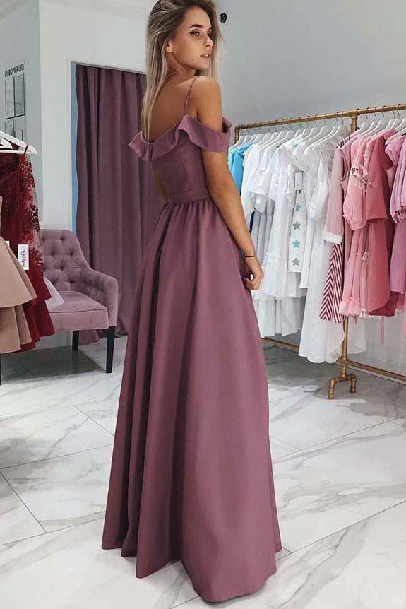 Spaghetti Straps Long Bridesmaid Dress with Slit, Off the Shoulder Prom Dress