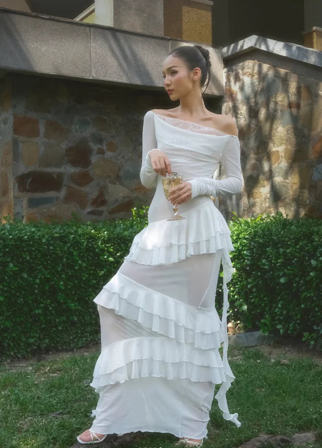 Elegant Sheath Ruffles White Lace Chiffon Prom Dress Long Sleeve Evening Dress