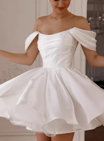 Elegant White Satin Short Party Dresses Off-Shoulder A-Line Homecoming Dress