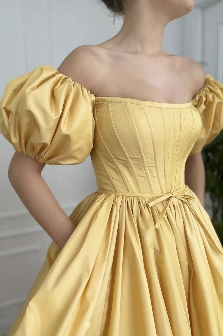 Yellow satin long prom dress retract your waist evening dress