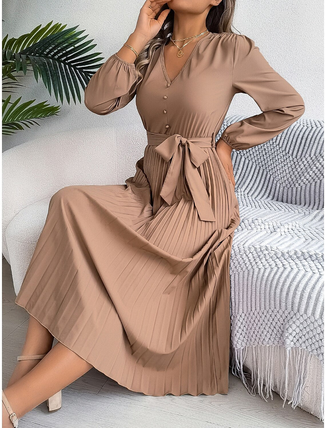 Women's Vintage Dress Mini Dress Pleated High Waist Elegant Formal V Neck Long Sleeve