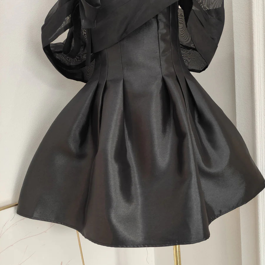 Black A-line tulle satin short prom dress off-the-shoulder homecoming dress