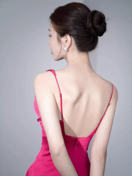 Full of charm Rose Red Satin Backless Retract Your Waist Party Dress