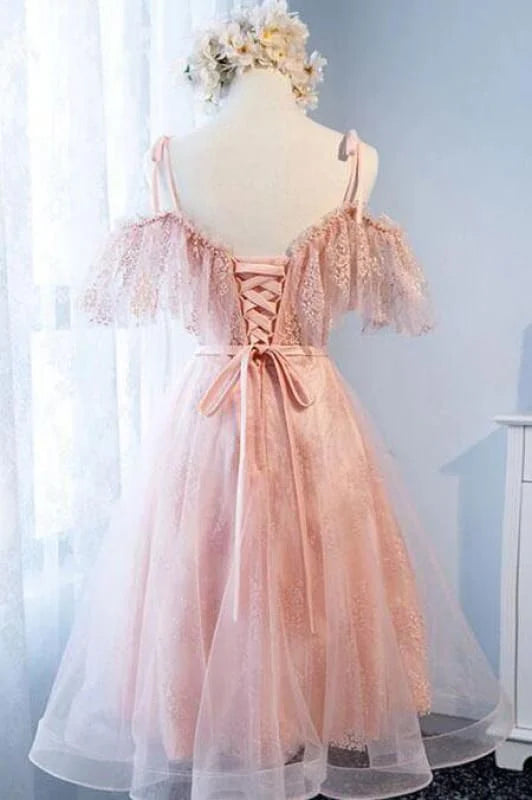 Pink Tulle Cute Lace Homecoming Dress Short A Line Prom Gown with Pearls