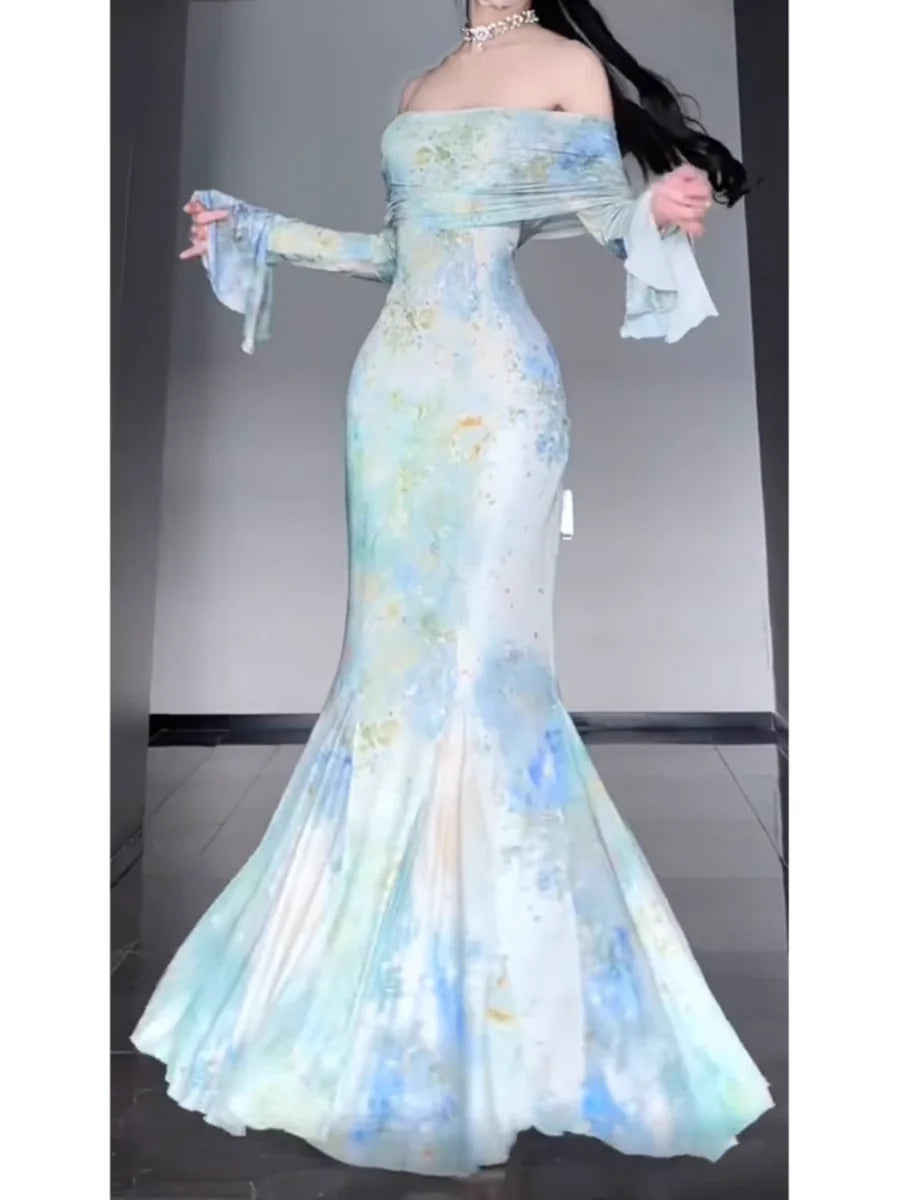 Off The Shoulder Floral Long Sleeves Party Dresses Retro Mermaid Birthday Outfits