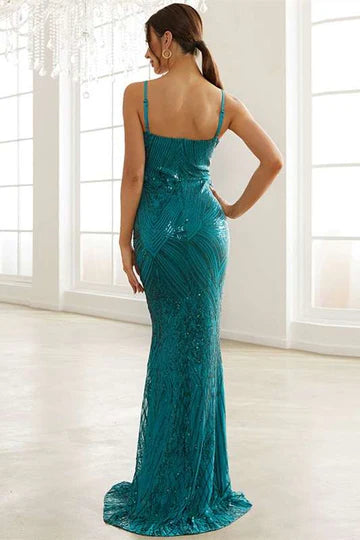 Teal Green Sequin Plunge Unique design V Mermaid Long Formal Dress