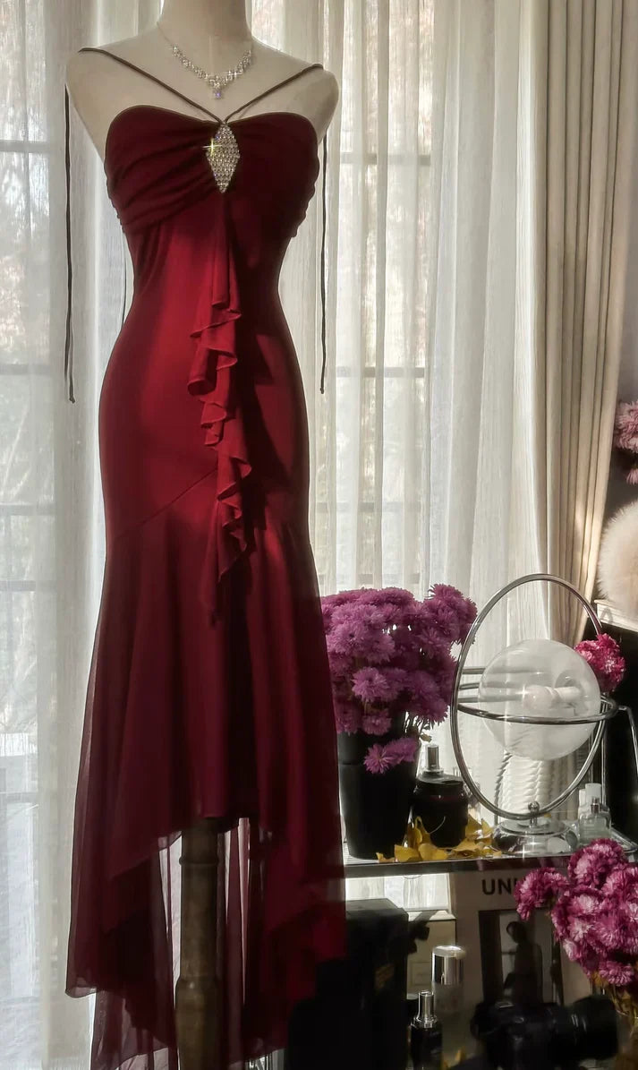 Burgundy Mermaid Halter Rhinestone Ruffle Chiffon Prom Dress Graduation Party Dress