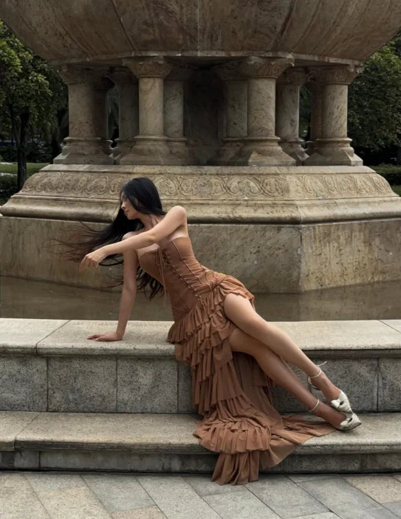 Sexy A Line Sweetheart Neck Tiered Brown Tulle Prom Dress Evening Dress with Slit