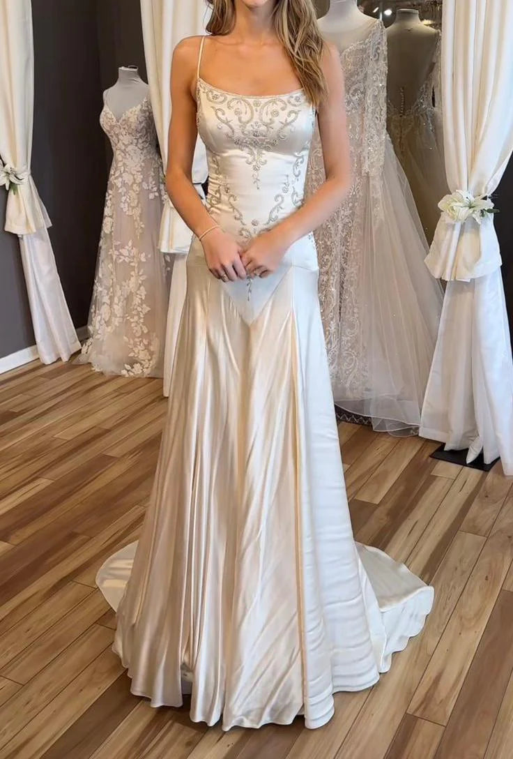 Mermaid Satin Beading Long Prom Dress Simple Elegant Spaghetti Straps Formal Evening Dress