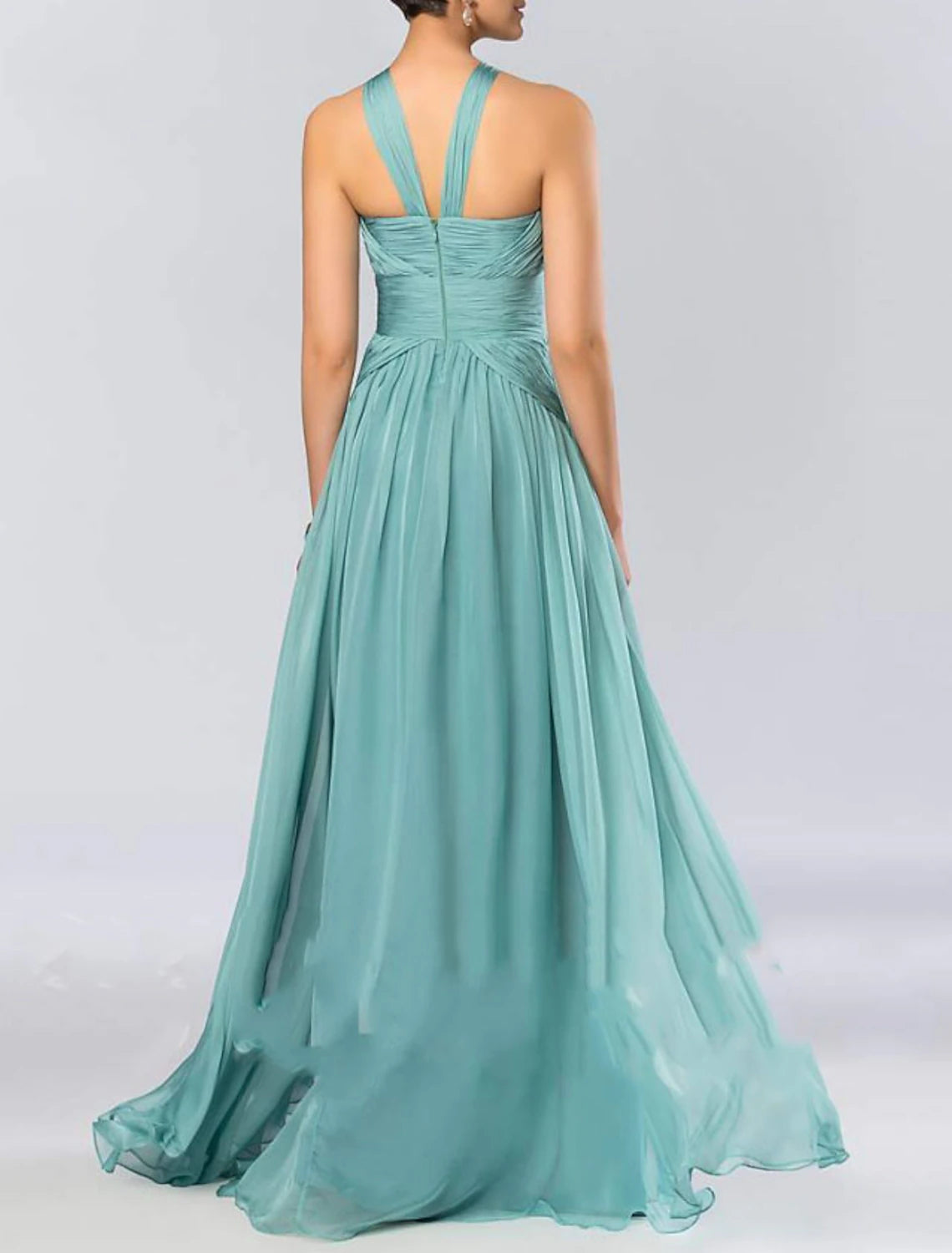 A-Line Bridesmaid Dress Sleeveless Halter Neck Elegant Floor Length Chiffon with Pleats