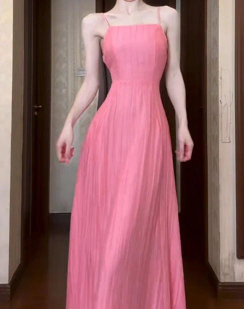Chiffon Spaghetti Strap Backless Long Prom Dress Cute Pink A-Line Party Dress