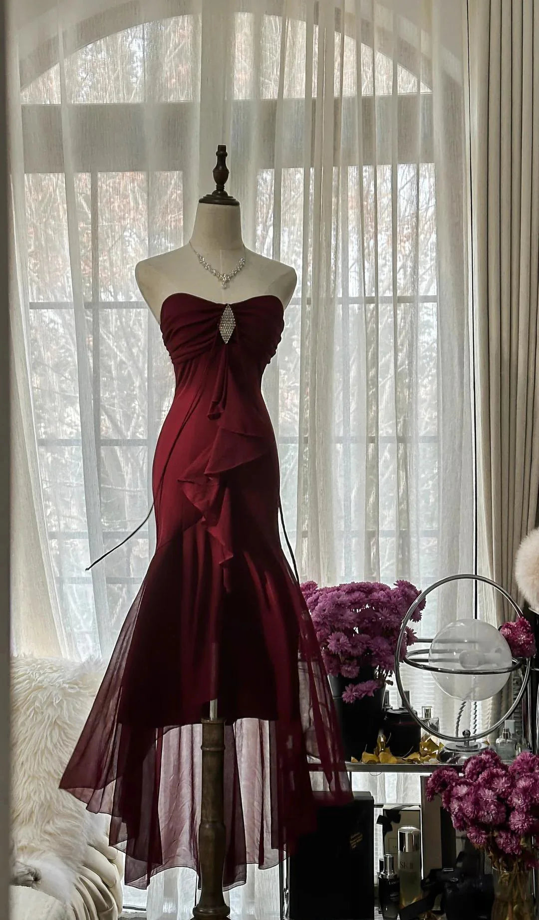 Vintage Red Mermaid Strapless Chiffon Prom Dress Graduation Party Dress