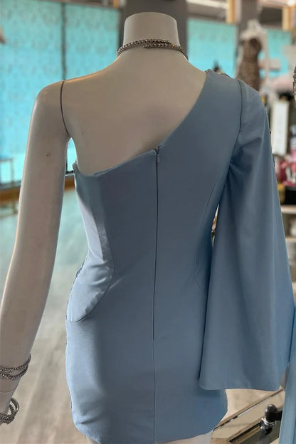 Dusky Blue One-shoulder Neckline Bell Sleeve Slight Ruching Details Short Party Dress