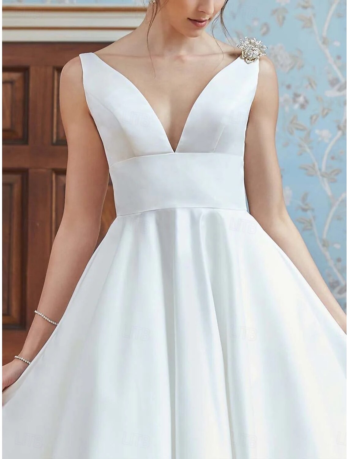 Engagement Little Graduation White Sleeveless Tea Length Dresses Wedding Dresses A-Line V Neck Satin Bridal Gowns With Pleats Solid Color