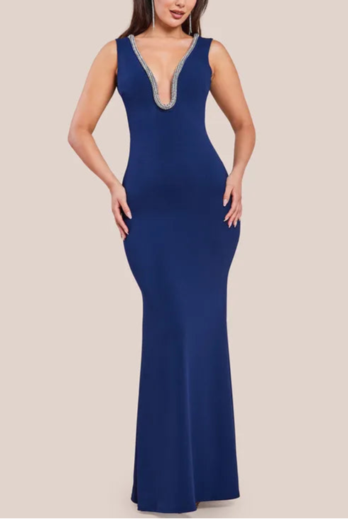 Diamante Embellished Appropriate color matching Super Plunge Scuba Bridesmaids Maxi Dress