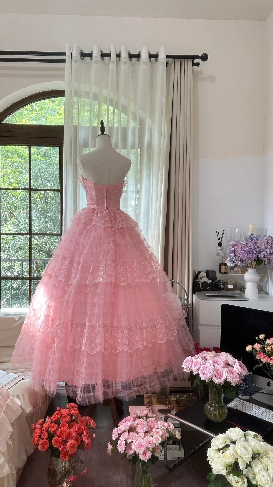 Cute A Line Sweetheart Neck Pink Layered Lace Tulle Long Party Dress