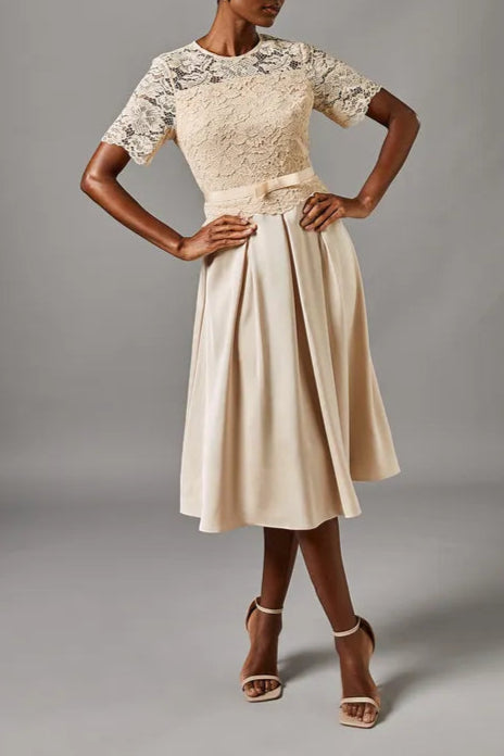 Lace And Crepe Full Skirted Midi Mother Of The Bride Outfits Dress