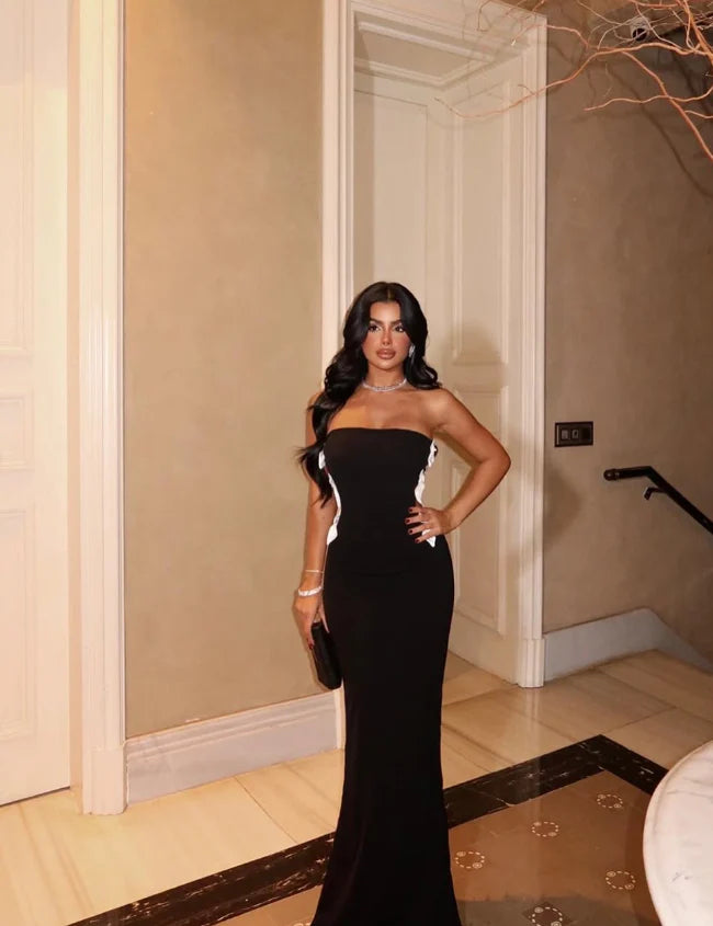 Elegant Mermaid Strapless Black Satin Long Prom Dress Evening Dress with Slit