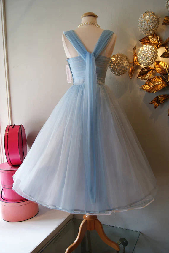 Vintage Blue Homecoming Dress Retract Your Waist Elegant Prom Dress