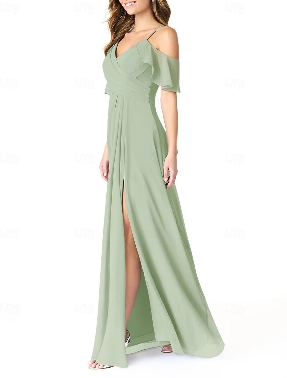 A-Line Spaghetti Strap Bridesmaid Dress Sleeveless Elegant Floor Length Chiffon with Pleats