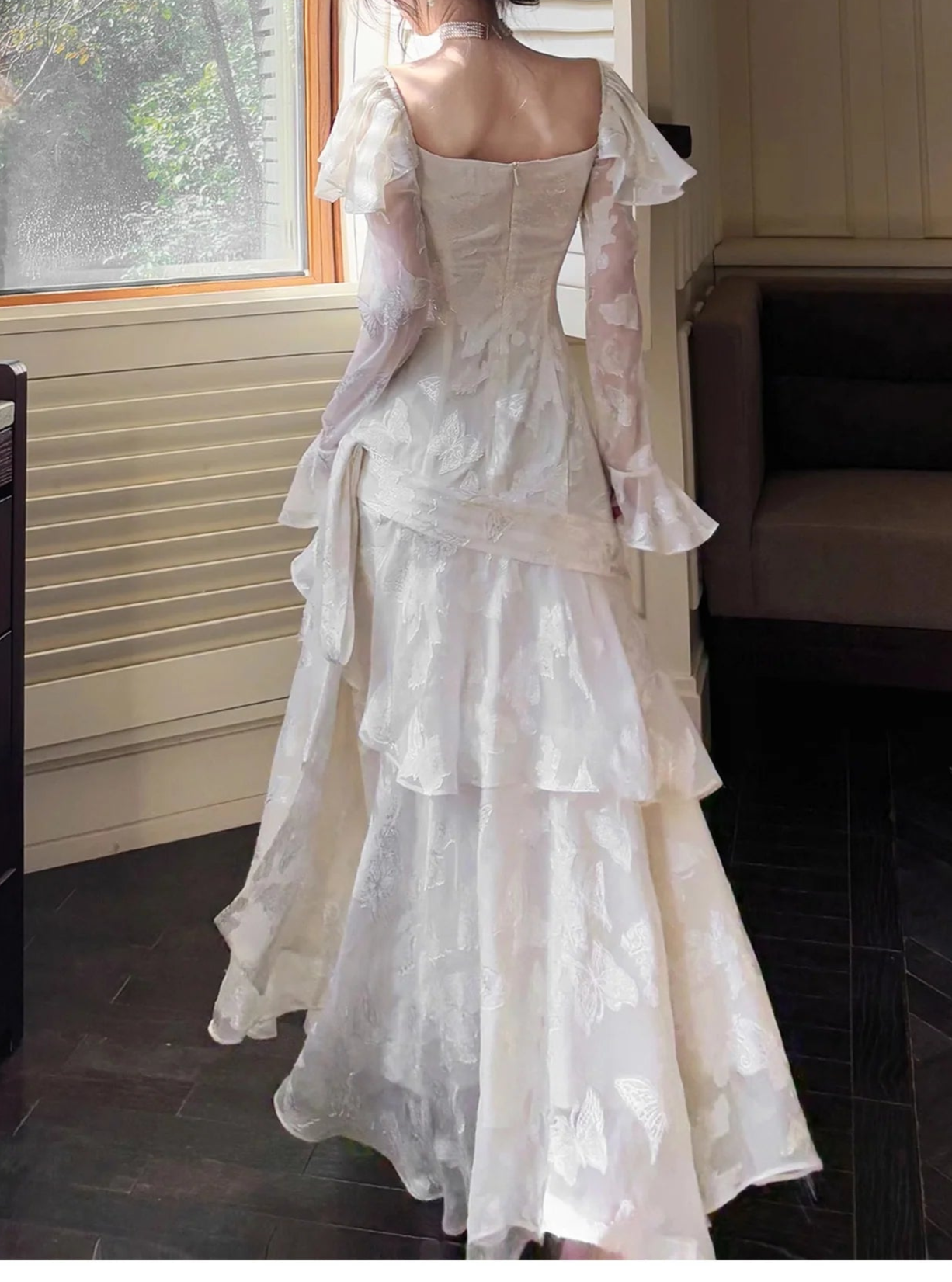 Chiffon Jacquard Elegant Light Apricot Long Sleeves Ruffled Evening Dress