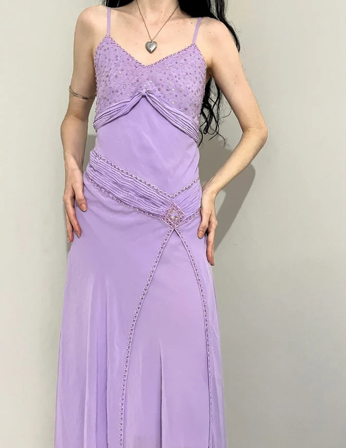 Elegant Purple A Line Spaghetti Strap Beaded Sequin Chiffon Prom Dress