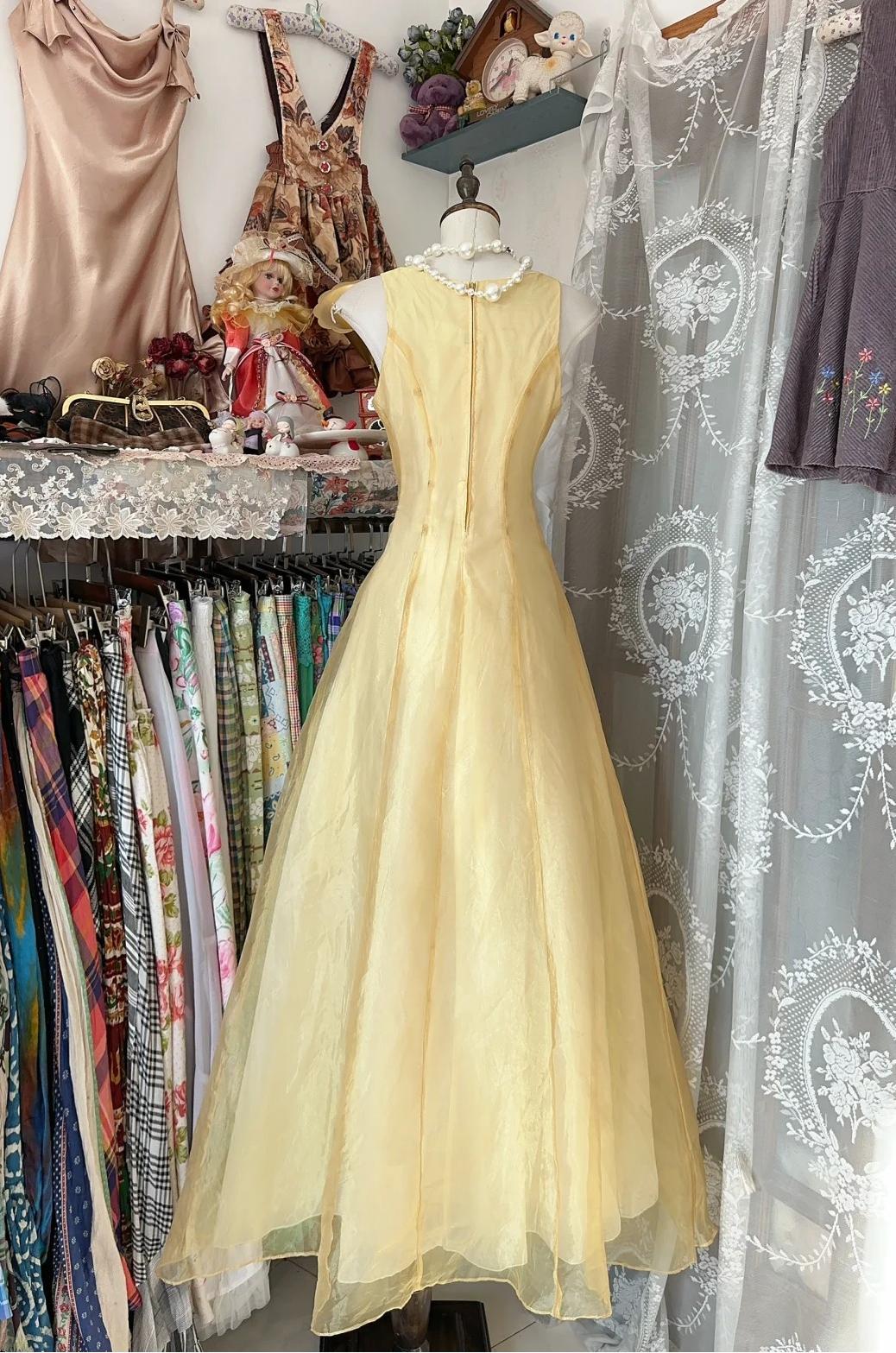 Glam Butter Yellow Evening Gowns Round Neck A-Line Tulle  Retract Your Waist Party Dress