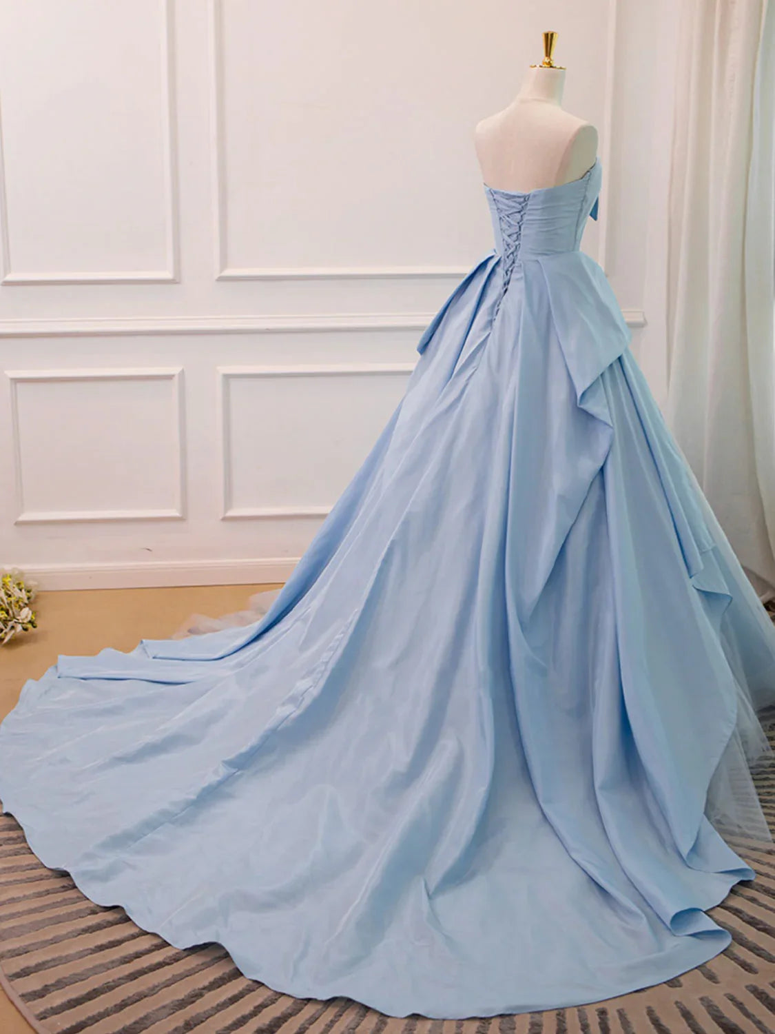 A Line Sweetheart Neck Blue Satin Tulle Unique design Long Prom Dress