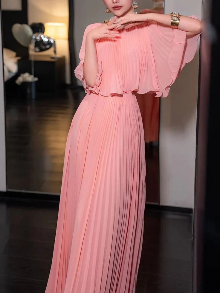 Gentle A Line Pleated Chiffon Long Evening Dress Round Neck Blue Party Dresses