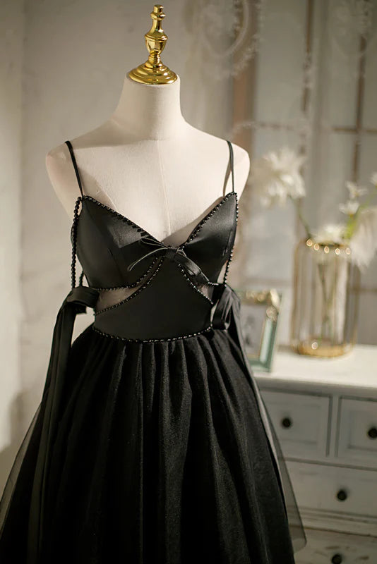 Cute Black Satin V Neck Short Spaghetti Straps Homecoming Dresses With Bowknot