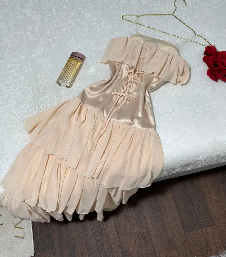 Strapless Tiered Beige Chiffon Satin Short Evening Dress Cute A Line Homecoming Dress