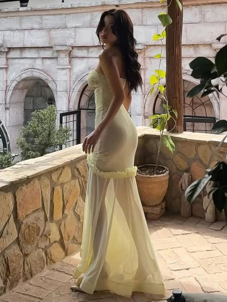 Chiffon Mermaid Evening Dress Sexy Yellow Chic Strapless Party Dress
