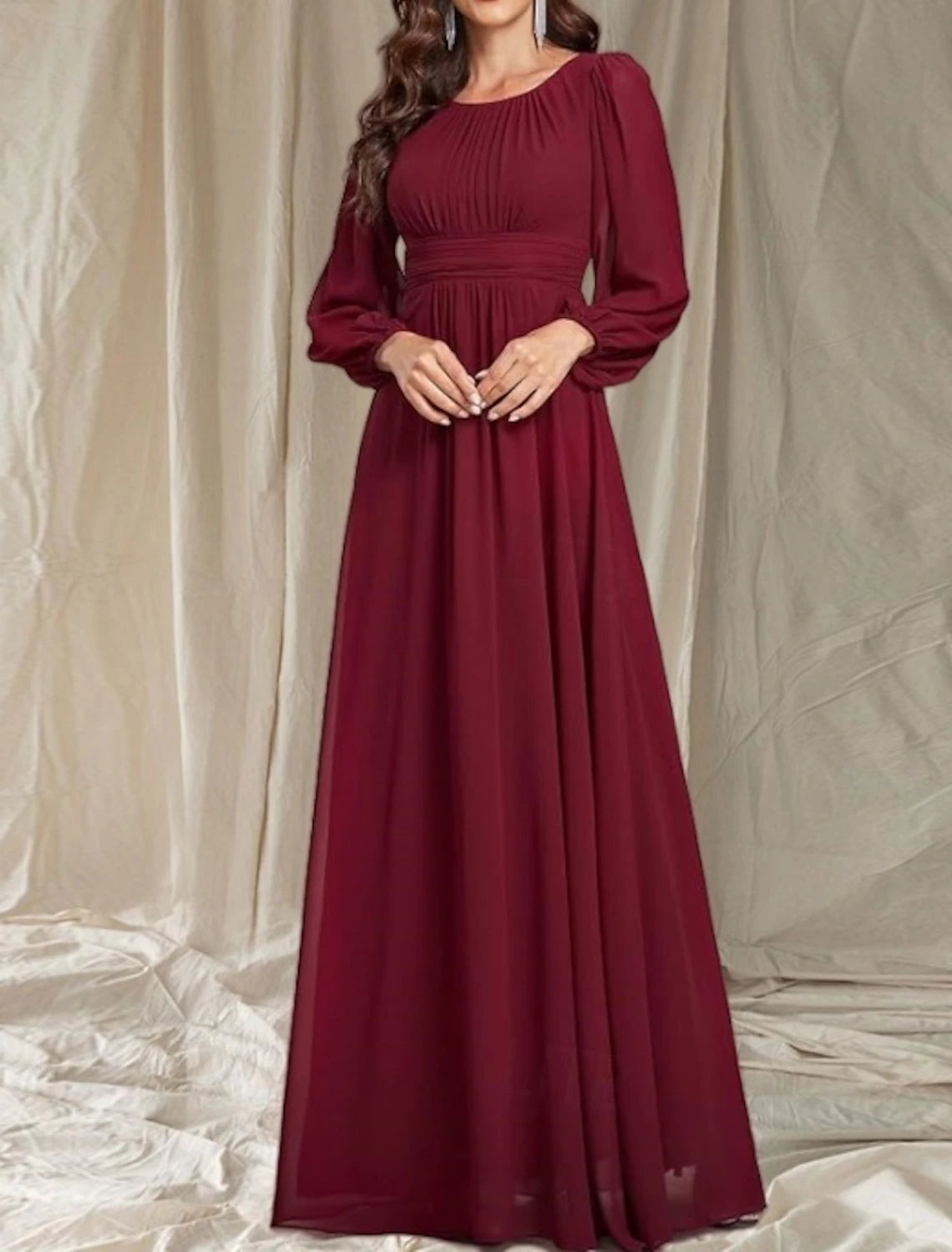 A-Line Mother of the Bride Dress Wedding Guest Elegant Crew Neck Floor Length Chiffon Long Sleeve with Pleats Ruching