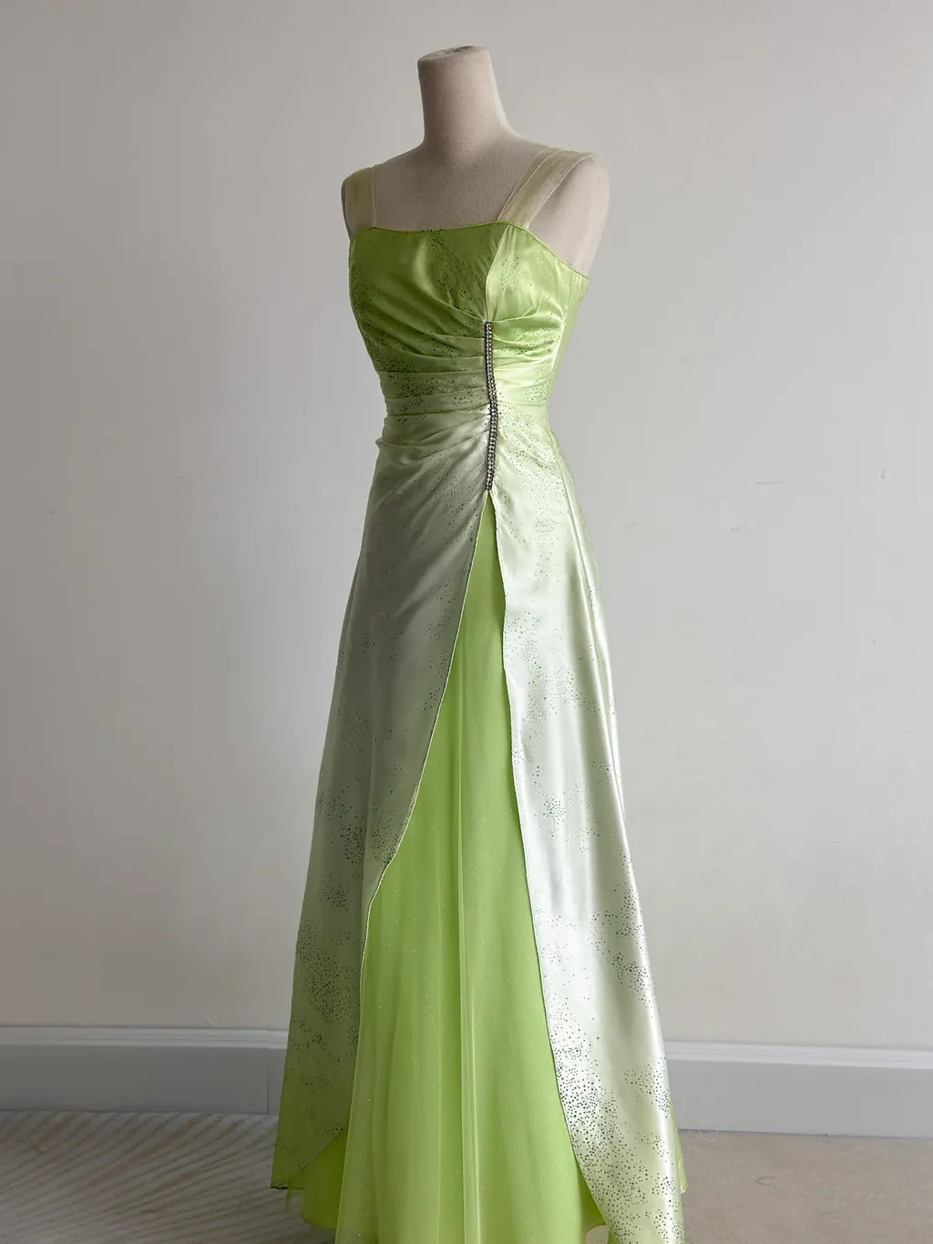 Green Square Neck A-Line Satin Sequins Prom Dresses Vintage Tulle Fairytale Party Dress