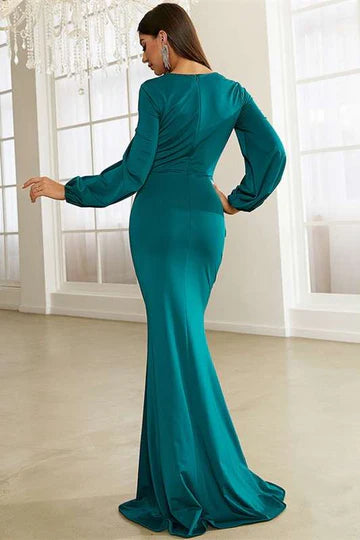 Green Square Neck Long Retract Your Waist Sleeve Mermaid Formal Gown