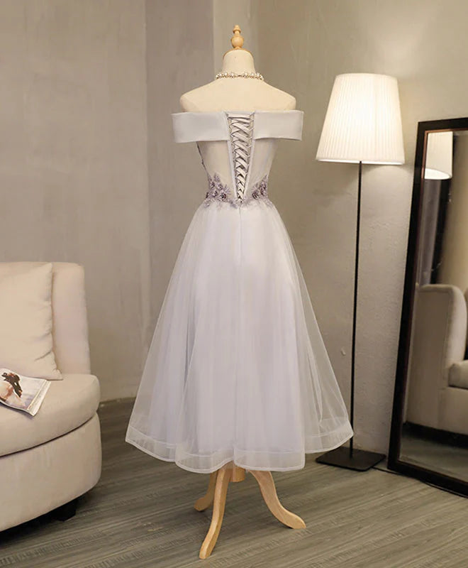 Gray A Line Off Shoulder Tea Length Prom Dress Unique design Lace Homecoming Dress