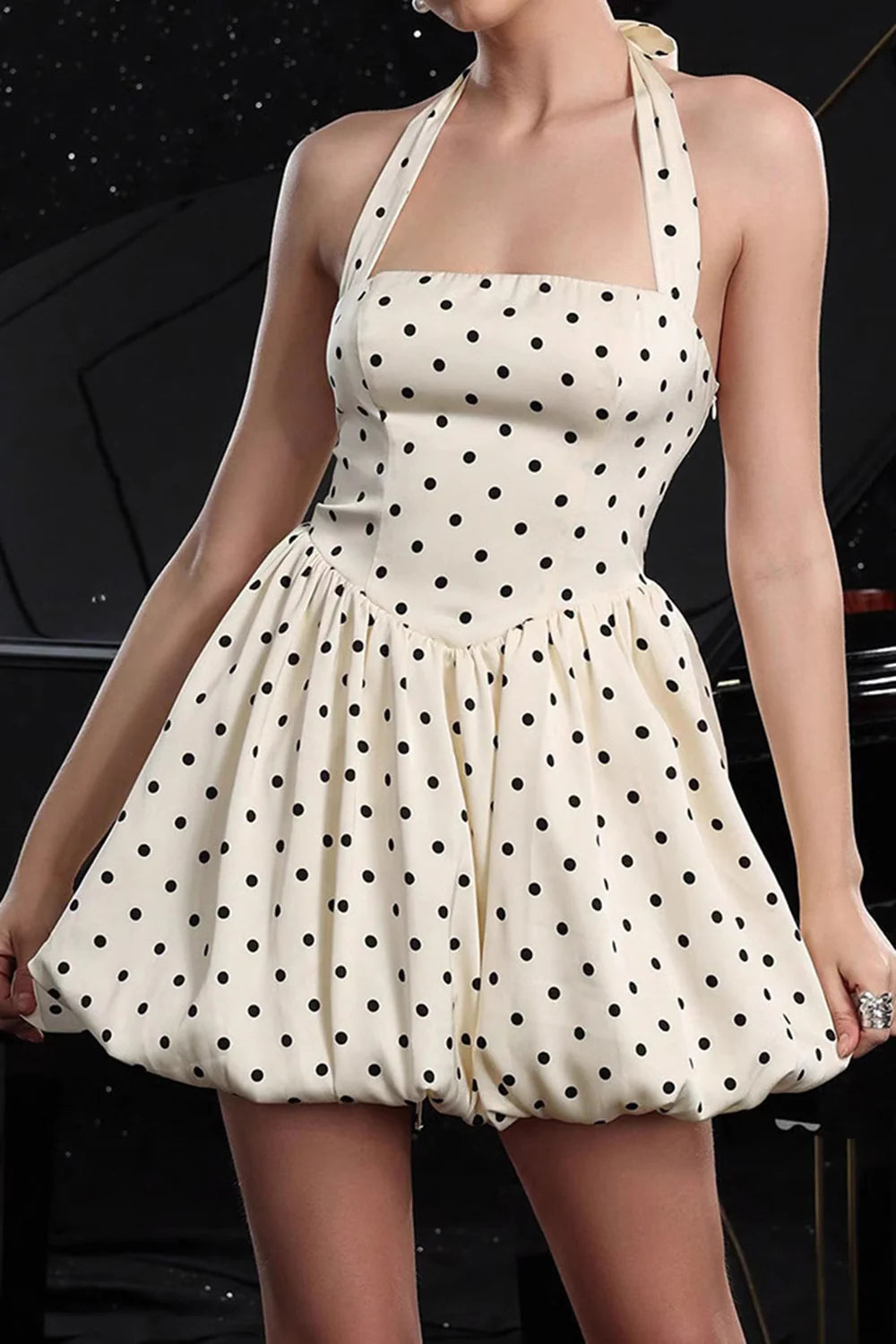 A Line Halter Black And White Polka Dots Short Vintage Homecoming Dress
