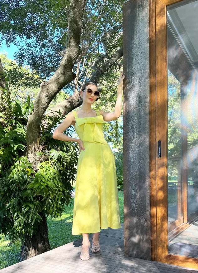 Yellow A Line Straps Satin Prom Dress Sleeveless Evening Dress with Bow