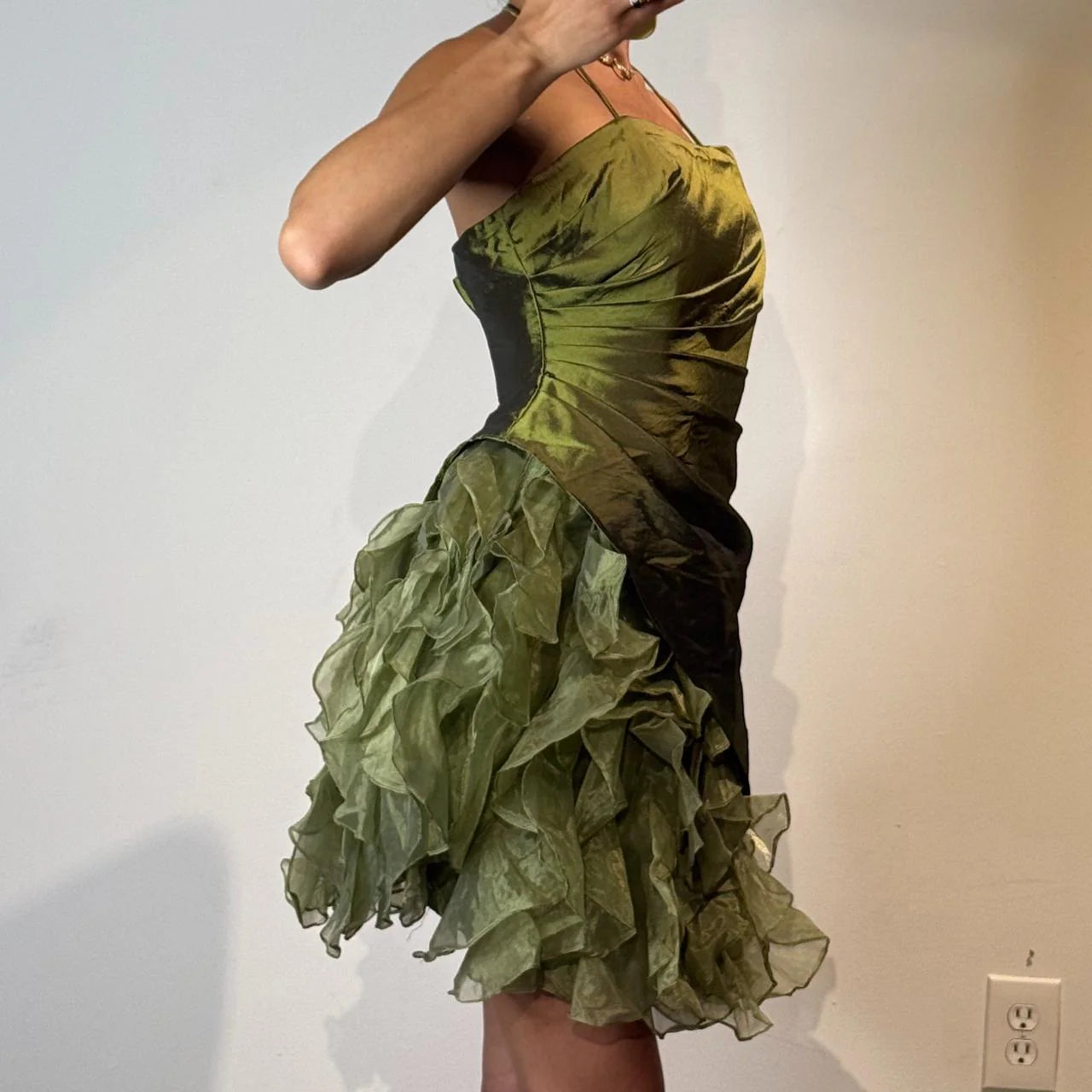 Fashionable Dark Green Spaghetti Strap A-Line Satin Tulle Short Prom Dresses Homecoming Dresses
