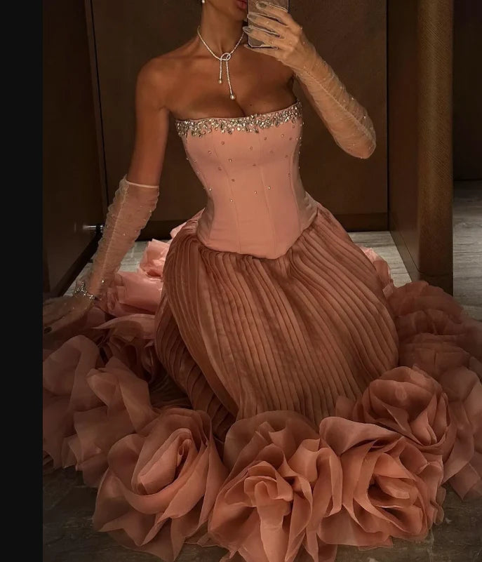 Strapless A-Line Tulle Long Prom Dresses Formal Elegant Pink Evening Gowns