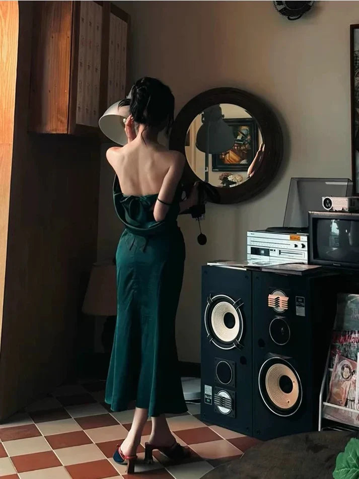 Charming Sheath Strap Green Satin Prom Dress Graduation Prom Dress