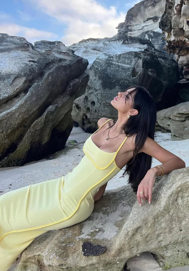 Yellow Sheath Spaghetti Strap Satin Long Prom Dress Slim-fit Evening Dress