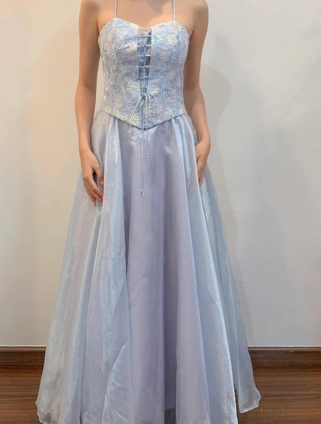 Blue A Line Spaghetti Strap Embroidered Tulle Satin Prom Dress Unique design Evening Dress