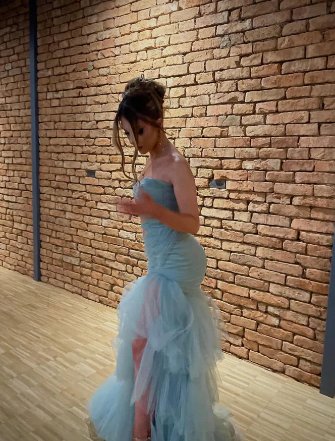 Sweetheart Neck Blue Tulle Long Prom Dress Unique Mermaid Evening Dress