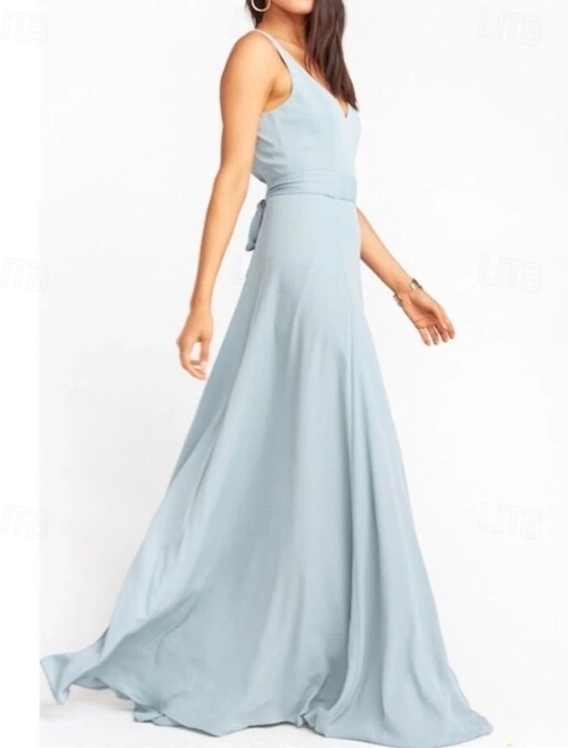 A-Line Bridesmaid Dress V Neck Sleeveless Blue Floor Length Chiffon with Sash