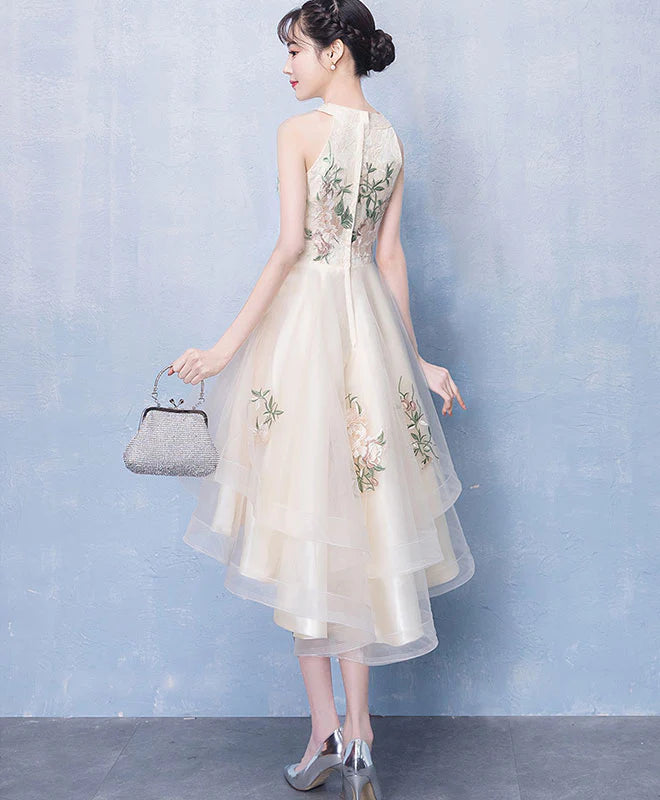 Light Champagne Tulle Lace Short Prom Dress, Unique design Homecoming Dress