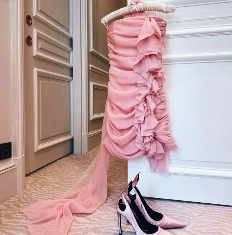 Strapless Bodycon Chiffon Short Prom Dresses Fashion Pink Party Dress