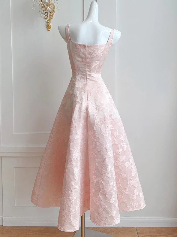 Vintage Butterfly Embroidered Satin Prom Dress Pink A-Line Birthday Dress