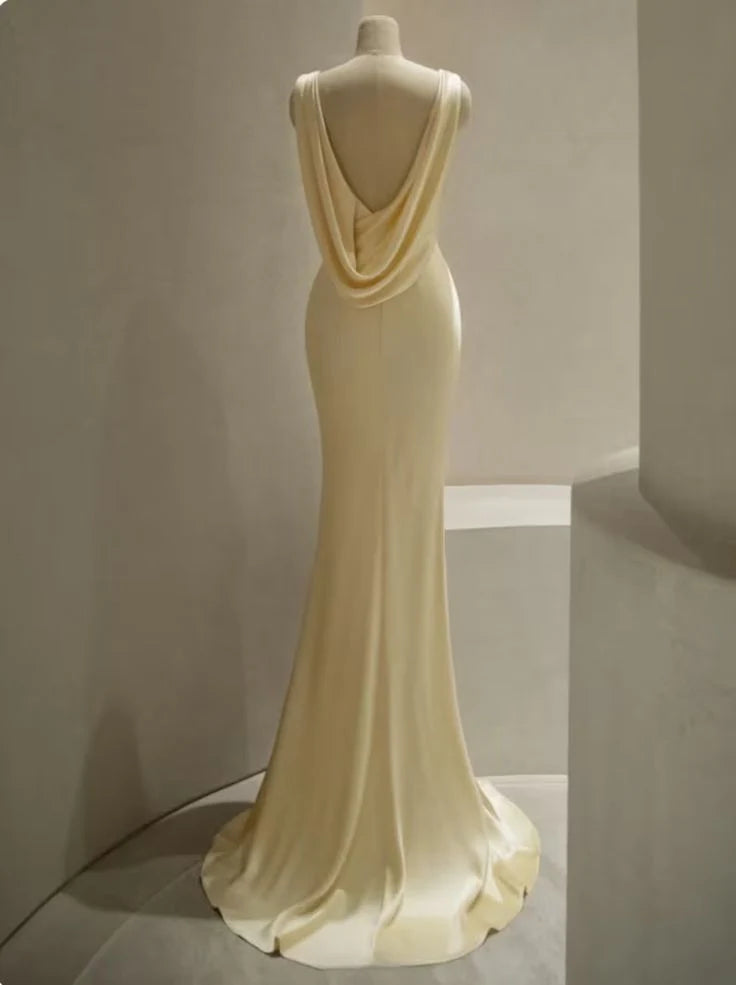 Pastel Yellow Satin Backless Mermaid Long Prom Dress