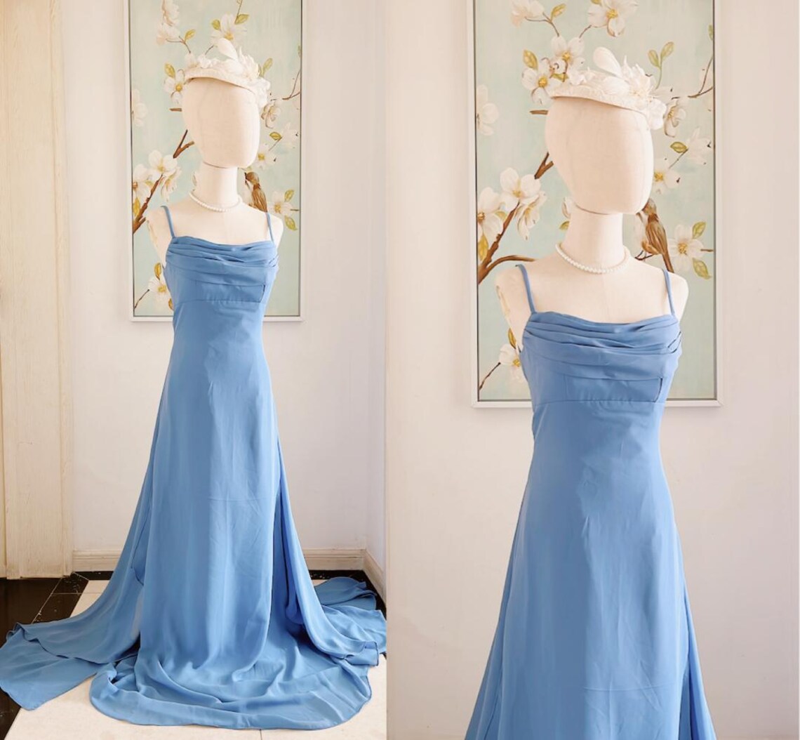 blue chiffon vintage prom dress simple bridesmaid dresses Classic fit party gown